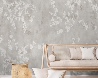 Floral Sakura Wall Mural, Neutral Tones Floral Peel and Stick Wallpaper