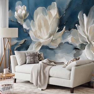 Carta da parati floreale astratta ad acquerello, fiori bianchi su blu navy, murale botanico moderno, murale autoadesivo rimovibile da staccare e attaccare