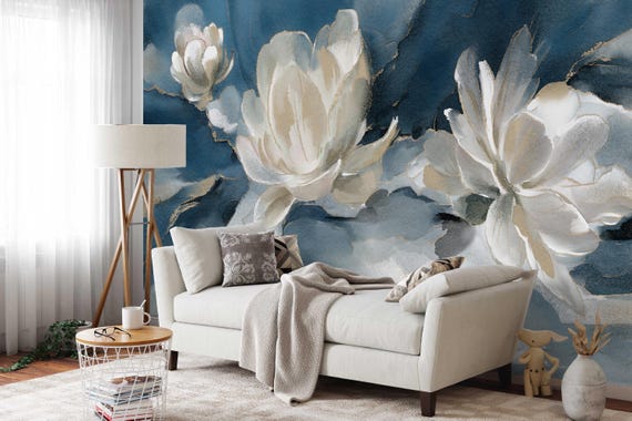 White Magnolia Wall Mural, Blue Watercolor Peel and Stick Wallpaper