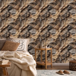 3D Realistic Stone Wallpaper, Peel and Stick Rustic Rock Wall Mural, Removable Stone Wallpaper, Brown Stone Design Self Adhesive  Wallpaper