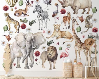 Safari Animal Wall Sticker, Nursery Peel and Stick Wall Decal - Set of 60