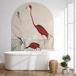 John James Audubon Scarlet Ibis Birds Wall Arch Sticker, Soft Color Tree Scenic Circle Wall Decal, Vintage Animal View Peel and Stick Decal for Classic Home Decor. Perfect for nature-inspired wall art in living rooms, bedrooms, or offices, this elegant decal brings the serene beauty of a rustic forest into your space. Easy to apply and remove, it’s ideal for adding a timeless, countryside charm to any room, creating a cozy and inviting atmosphere with its detailed, vintage-inspired design