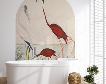 John James Audubon Scarlet Ibis Birds Wall Arch Sticker, Soft Color Tree Scenic Circle Wall Decal, Vintage Animal View Peel and Stick Decal