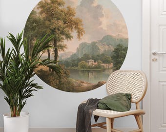 Green Lake Landscape Arch Wall Decal, Bridge Scenic Peel and Stick Wall Sticker, Vintage Self-Adhesive Circle Wall Decal, Village Wall Decal