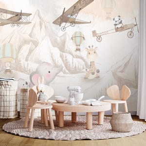 Carta da parati con adorabili animali carini per bambini, tema vintage safari e bosco, murales rimovibili staccabili e attaccabili, murales per bambini con giungla e colori pastello
