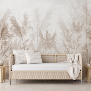 Pampasgras Tapete, Boho Blumenwandbild, Tapete in neutralen Tönen, Schälen und Aufkleben, Beiges Blattdesign für ein gemütliches ästhetisches Wandbild