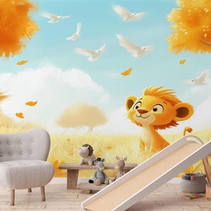 Carta da parati con simpatici leoni per bambini, carta da parati autoadesiva con animali per la cameretta dei bambini, decorazione rimovibile con uccelli e cielo blu.