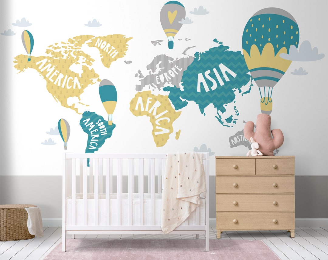 Kids World Map Wallpaper / Educational World Map Wallpaper / Etsy