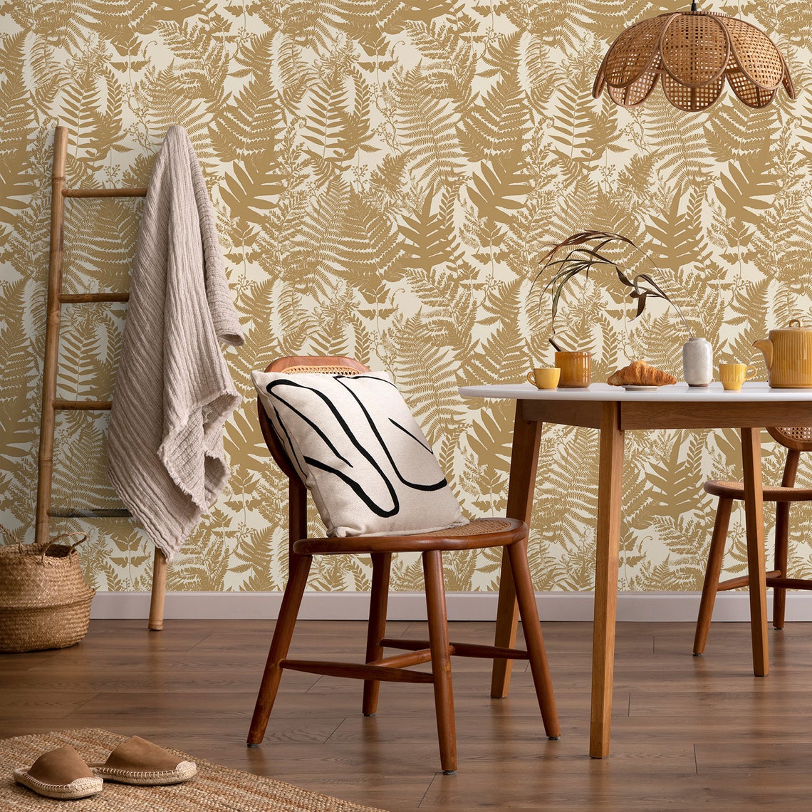 Beige Living Room Wallpaper / Golden Leaves Wallpaper / Yellow Peel and
