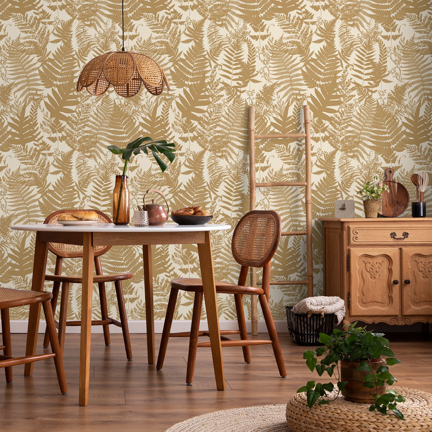 Beige Living Room Wallpaper / Golden Leaves Wallpaper / Yellow Peel and