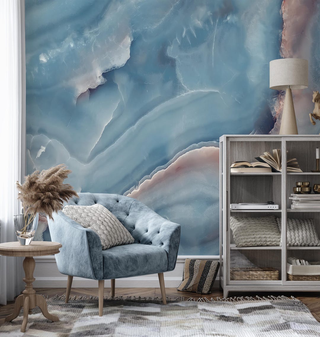 Blue Agate Marble Wallpaper, Abstract Ocean Stone Coastal Style Wall ...