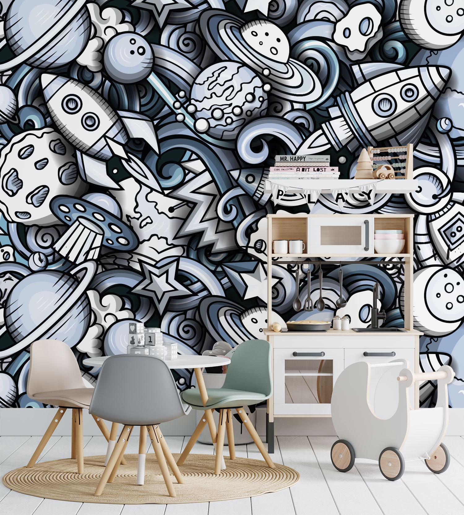 Space Nursery Wallpaper / Kids Planets Wallpaper / Space Ship Wallpaper