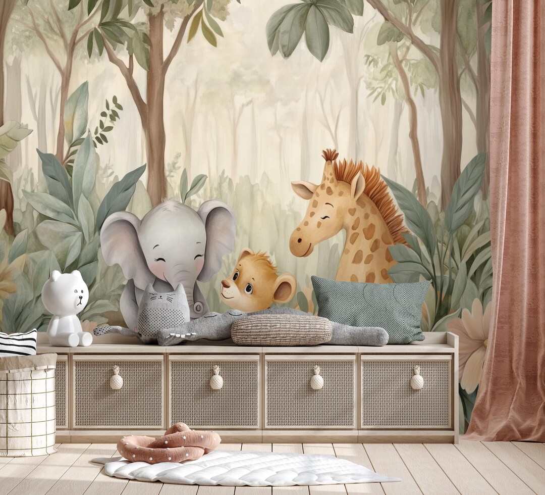 Safari Baby Animals Wallpaper, Jungle Elephant Lion Giraffe Nursery ...