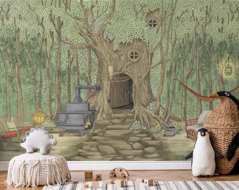 May include: A whimsical illustration of a treehouse nestled in a forest setting. The treehouse has a wooden door and a window. There are trees, a hammock, a lantern, and a stove in the scene. The illustration is painted in shades of green, brown, and gray.