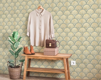 Papel pintado Art Déco verde: elegante mural de pared autoadhesivo con diseño de abanico