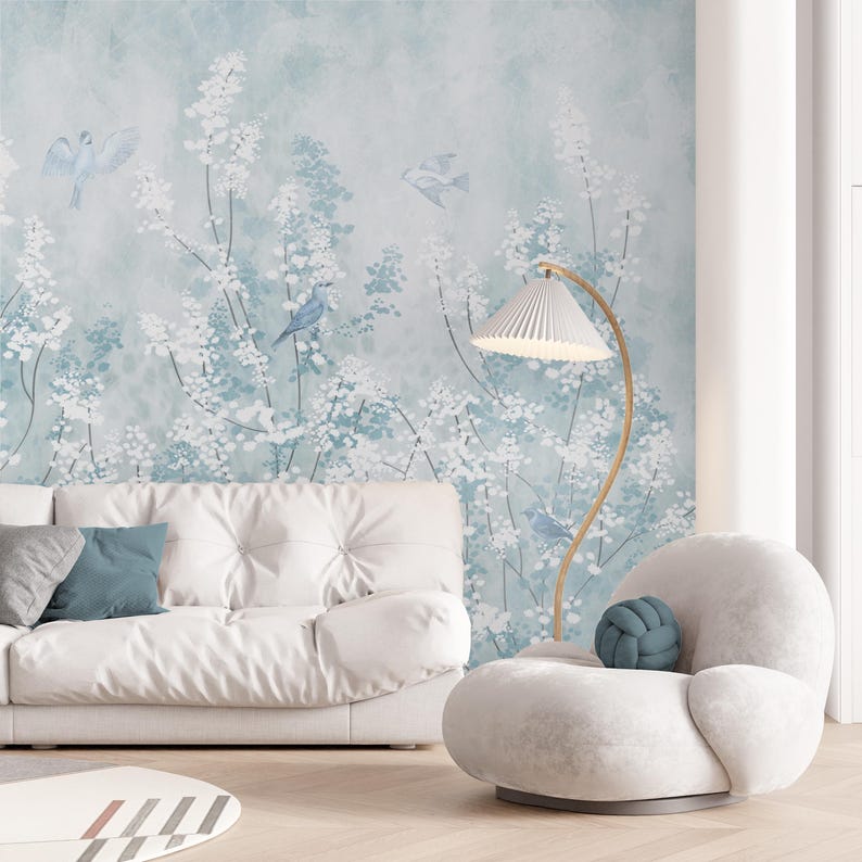 Blue Chinoiserie Wallpaper: Birds and Blossoms, Peel and Stick Mural - Etsy
