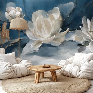 Watercolor Abstract Floral Wallpaper – White Flowers on Navy Blue Background – Modern Botanical Mural – Elegant Oil Paint Floral Design – Peel and Stick Removable Self-Adhesive Wall Mural – Perfect for Home, Office, or Bedroom Décor – High-Quality, Durable, and Easy-to-Apply Wallpaper – Adds a Touch of Sophistication and Artistry to Any Room – Ideal for Creating a Stylish, Timeless Atmosphere – Removable Self-Adhesive Mural for Effortless Home Décor Updates removable wallpaper art design