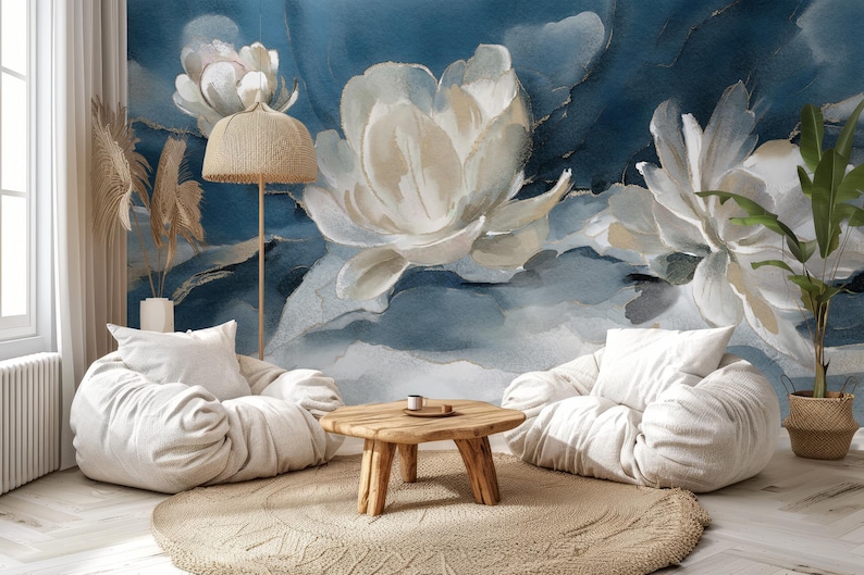 Watercolor Abstract Floral Wallpaper – White Flowers on Navy Blue Background – Modern Botanical Mural – Elegant Oil Paint Floral Design – Peel and Stick Removable Self-Adhesive Wall Mural – Perfect for Home, Office, or Bedroom Décor – High-Quality, Durable, and Easy-to-Apply Wallpaper – Adds a Touch of Sophistication and Artistry to Any Room – Ideal for Creating a Stylish, Timeless Atmosphere – Removable Self-Adhesive Mural for Effortless Home Décor Updates removable wallpaper art design