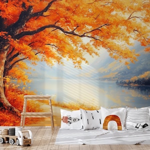 Autumn Lake View Wallpaper Mural: Orange Tree, Peel and Stick Removable Mural