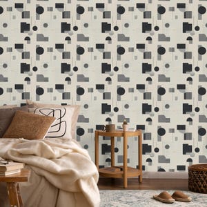 Papier peint géométrique noir fond beige, impression de papier peint amovible art noir, papier peint auto-adhésif géométrique, décoration murale repositionnable