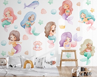 Calcomanías de pared de sirena para niños: calcomanía de pared submarina de acuarela para guardería