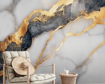 Gold Veins Marble Wallpaper: Black and White Peel and Stick Mural