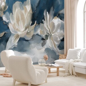 Watercolor Abstract Floral Wallpaper – White Flowers on Navy Blue Background – Modern Botanical Mural – Elegant Oil Paint Floral Design – Peel and Stick Removable Self-Adhesive Wall Mural – Perfect for Home, Office, or Bedroom Décor – High-Quality, Durable, and Easy-to-Apply Wallpaper – Adds a Touch of Sophistication and Artistry to Any Room – Ideal for Creating a Stylish, Timeless Atmosphere – Removable Self-Adhesive Mural for Effortless Home Décor Updates removable wallpaper art design