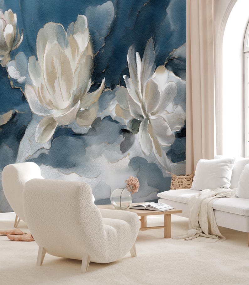 Watercolor Abstract Floral Wallpaper – White Flowers on Navy Blue Background – Modern Botanical Mural – Elegant Oil Paint Floral Design – Peel and Stick Removable Self-Adhesive Wall Mural – Perfect for Home, Office, or Bedroom Décor – High-Quality, Durable, and Easy-to-Apply Wallpaper – Adds a Touch of Sophistication and Artistry to Any Room – Ideal for Creating a Stylish, Timeless Atmosphere – Removable Self-Adhesive Mural for Effortless Home Décor Updates removable wallpaper art design