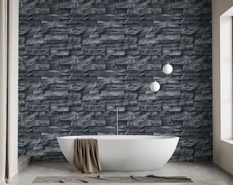Papel pintado de ladrillo negro, mural de pared moderno de piedra apilada de estilo industrial gris oscuro