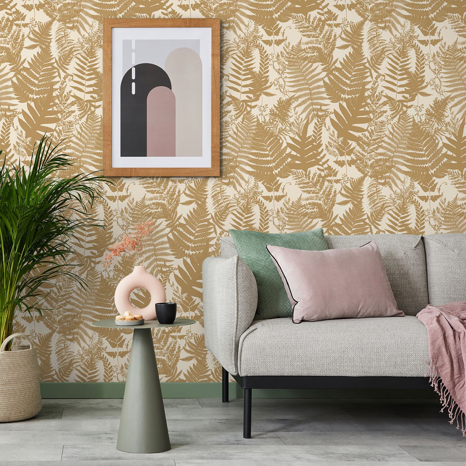 Beige Living Room Wallpaper / Golden Leaves Wallpaper / Yellow Peel and