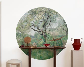 Vintage Green Tree Wall Decal: Scenic River View Peel & Stick Wall Sticker