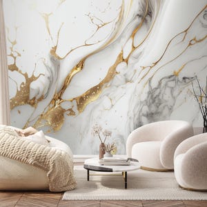 Tapete aus Gold-Weiß-Marmor, realistische Textur, abstraktes Wandbild, abnehmbares Wohndekor und selbstklebende Tapete