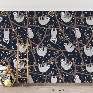 Sloth Nursery Wallpaper / Jungle Sloth Wallpaper / Kids Arts Animal Wallpaper / Peel and Stick Wallpaper / Floral Self Adhesive Wall Mural