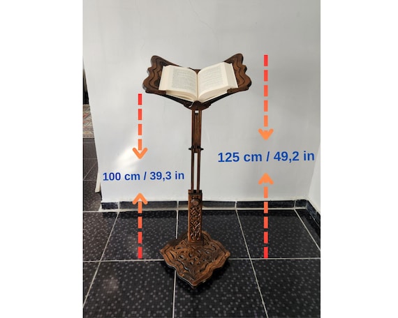 Handcrafted Wooden Book Stand: Adjustable Cookbook Holder with Carvings
