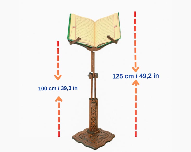 May include: A wooden book stand with intricate carvings. The stand is adjustable in height and can be raised to 49.2 inches or lowered to 39.3 inches.