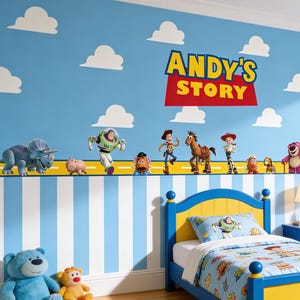 May include: A child's bedroom decorated with a Toy Story theme. The room features a blue and yellow bed, a dresser, and a wall mural with characters and the text "Andy's Story". A yellow rug and cloud decals complete the playful design.