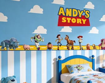 Personalized Toy Story Peel & Stick Wallpaper, Custom Name Toy Story Theme Kids Room Wall Mural, Self Adhesive, Removable Nursery Wall Paper