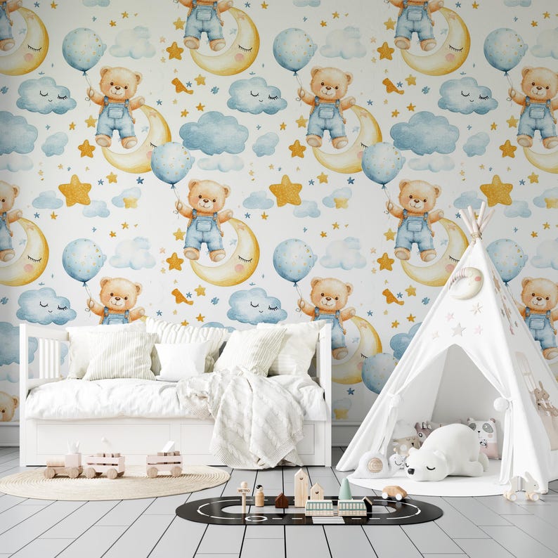 Bear Balloon Moon Cloud Pattern Kids Room Peel and Stick Wallpaper ...