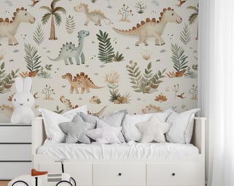 Colorful Dinosaur Self Adhesive Kids Room Removable Wallpaper, Peel and Stick Animal Print Wall, Nursery Playful Dinosaur Vinyl Wallpaper