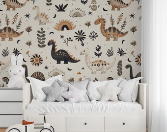 Colorful Dinosaur Self Adhesive Kids Room Vinyl Wallpaper, Peel and Stick Animal Print Wall, Nursery Playful Dinosaur Removable Wallpaper