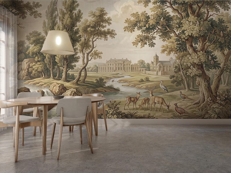 Vintage Forest Landscape Wallpaper Mural: Pastoral Woodland Scene - Etsy