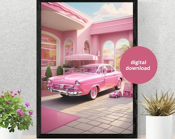 Póster de coche retro rosa - Impresión de pared - Descarga digital - Impresiones rosadas preppy - Arte de muñecas - Arte vintage - Estética Y2K - Arte femenino