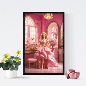 May include: A blonde doll wearing a pink gown with a high-low hemline and a jeweled bodice. The doll is standing in a pink room with a vanity and a floral arrangement.
