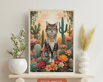 Boho Cat Art Print: Desert Cactus Scene (Digital Download)