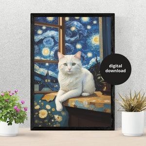 Vincent Van Gogh&#39;s The Starry Night Cat Print, Van Gogh Cat Poster, White Cat Art, Cute white Cat Print, Printable Wall Art