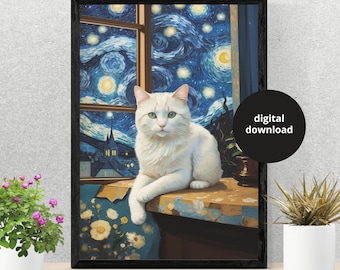 Starry Night Cat Art Print: Van Gogh Style White Cat Poster (Digital Download)