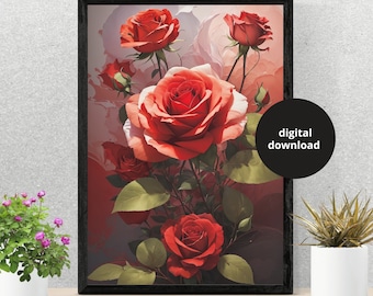 Impressão artística em aquarela de rosas vermelhas: decoração de parede floral minimalista (download digital)