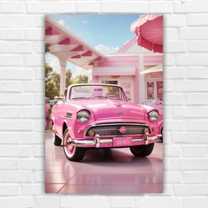 Vintage Pink Car Decor Pink Cute Posters, Aesthetic Room Decor Movie Modern Colorful Wall Art Barbie Print, Girls Room Decor