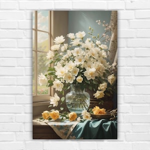 Arte de pared vintage / Impresión de flores blancas / DESCARGA DIGITAL / Arte IMPRIMIBLE Arte floral vintage en jarrón / Flores / Arte IMPRIMIBLE