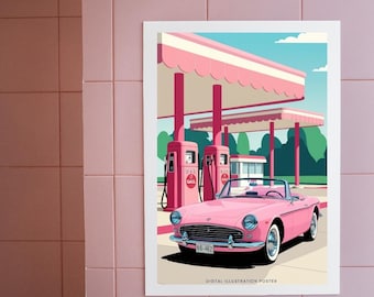 Impresión de coche rosa, decoración estética para habitación, arte de pared retro (descarga digital)